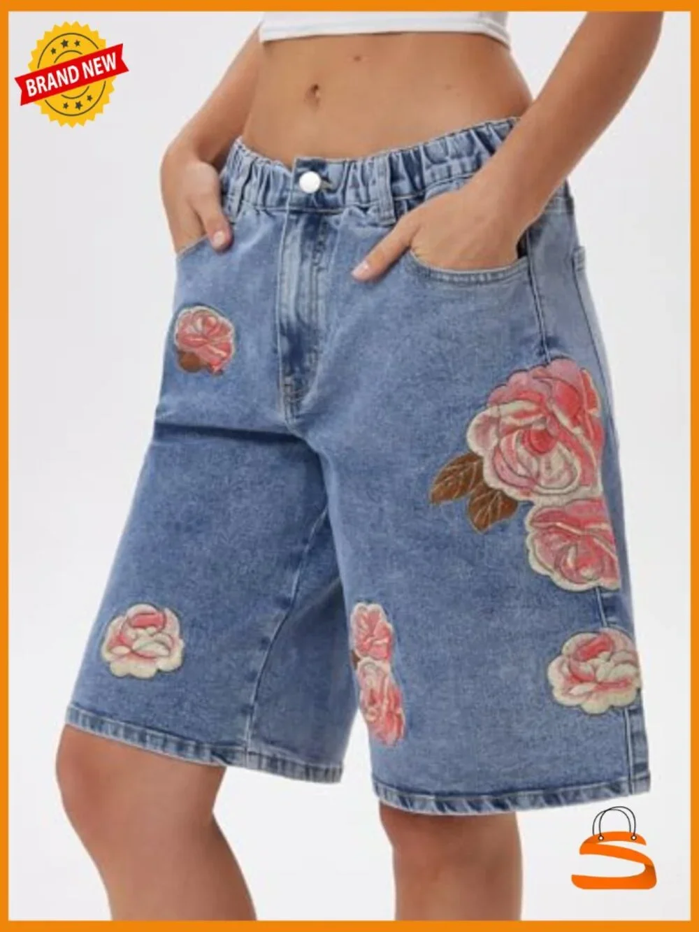 Bermuda Jean Shorts Mid Rise Baggy Stretchy Embroidered Jorts with Pockets